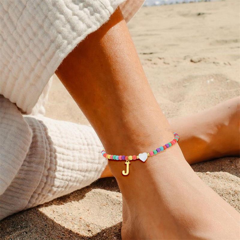 Tewiky Gold Mother of Pearl Heart Initial Anklet with Colorful Seed Beads, Summer Beach Letter Ankle Bracelet