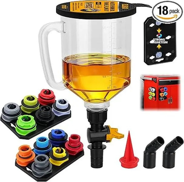 18-Piece Spill-Proof Automotive Funnel Kit - 1.59QT/1.5L Car Repair Tool, 12 Adapters, Elbow Fitting, Arrow Screen, Magnetic Storage Tray, Portable Car Accessory for Automotive Maintenance (Compatible with GM, Ford, BMW, Audi, Land Rover), Automotive Main