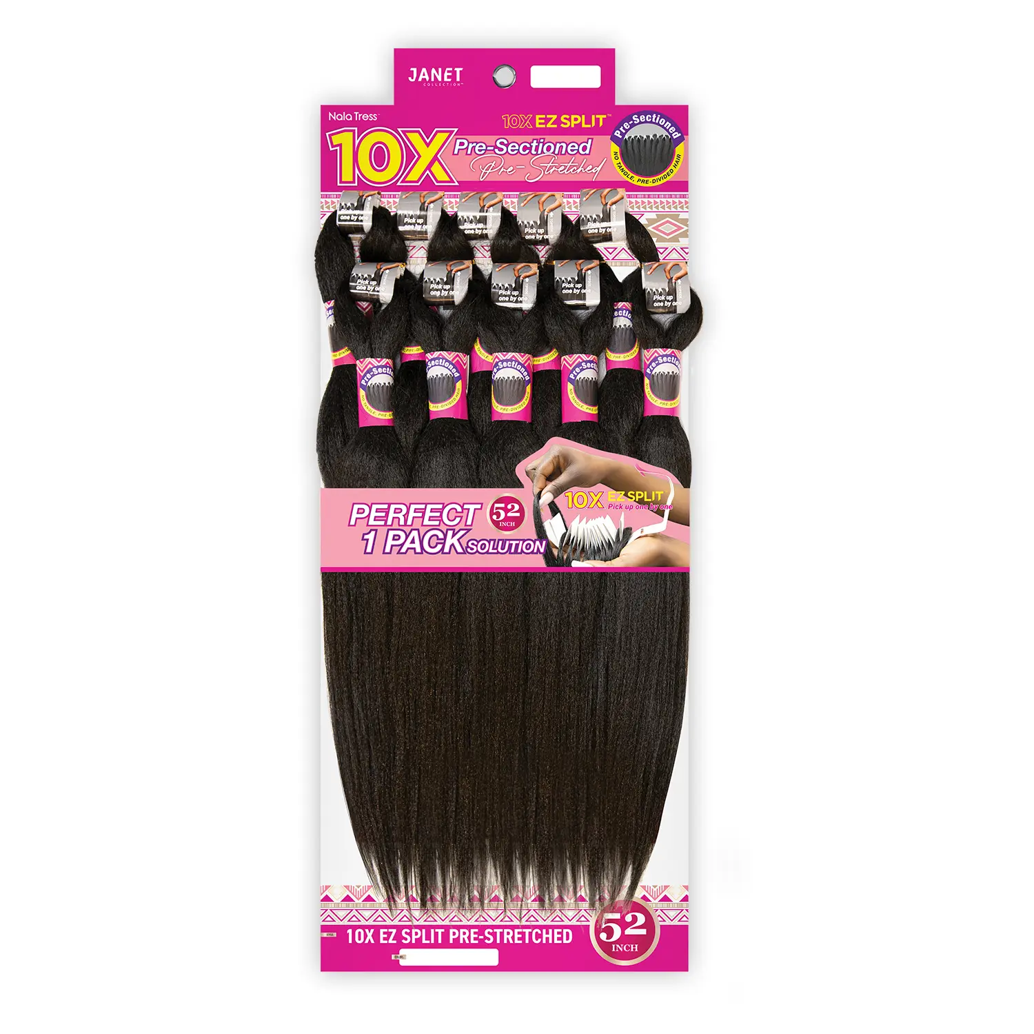 Janet Collection Pre-Sectioned Nala Tress Synthetic Braiding Hair Weave - 10X EZ Split Pre-Stretched 52" Extensions Hair with 1-by-1 Pick Up, Knotless, Hot Water Setting, Natural Finish, Fiber, 52 Inches, Pre-Stretched Braiding Hair Synthetic Extensions &