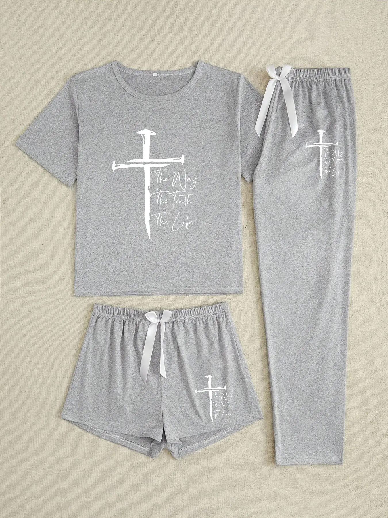 Cross Three-Piece Oversized Home Wear Set, Loose-Fitting Baggy Cartoon Pattern, Casual All-Seasons, Comfortable Daily Apparel, Clothes