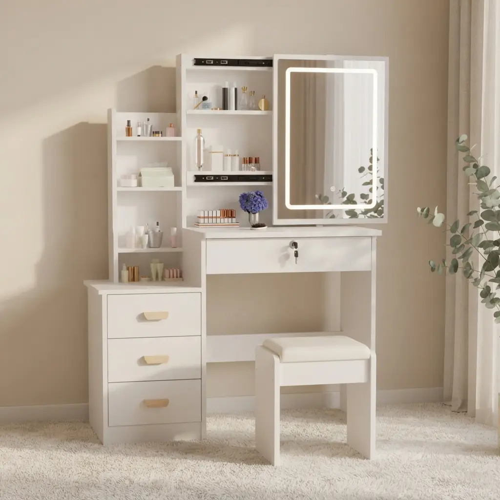Modern LED Light-Up Makeup Vanity Desk with Mirror, 3-Color Stepless Brightness, Lockable Drawer, Multi-Storage Shelves, Silent Slide Rails, Wooden Furniture Set with Padded Stool for Bedroom