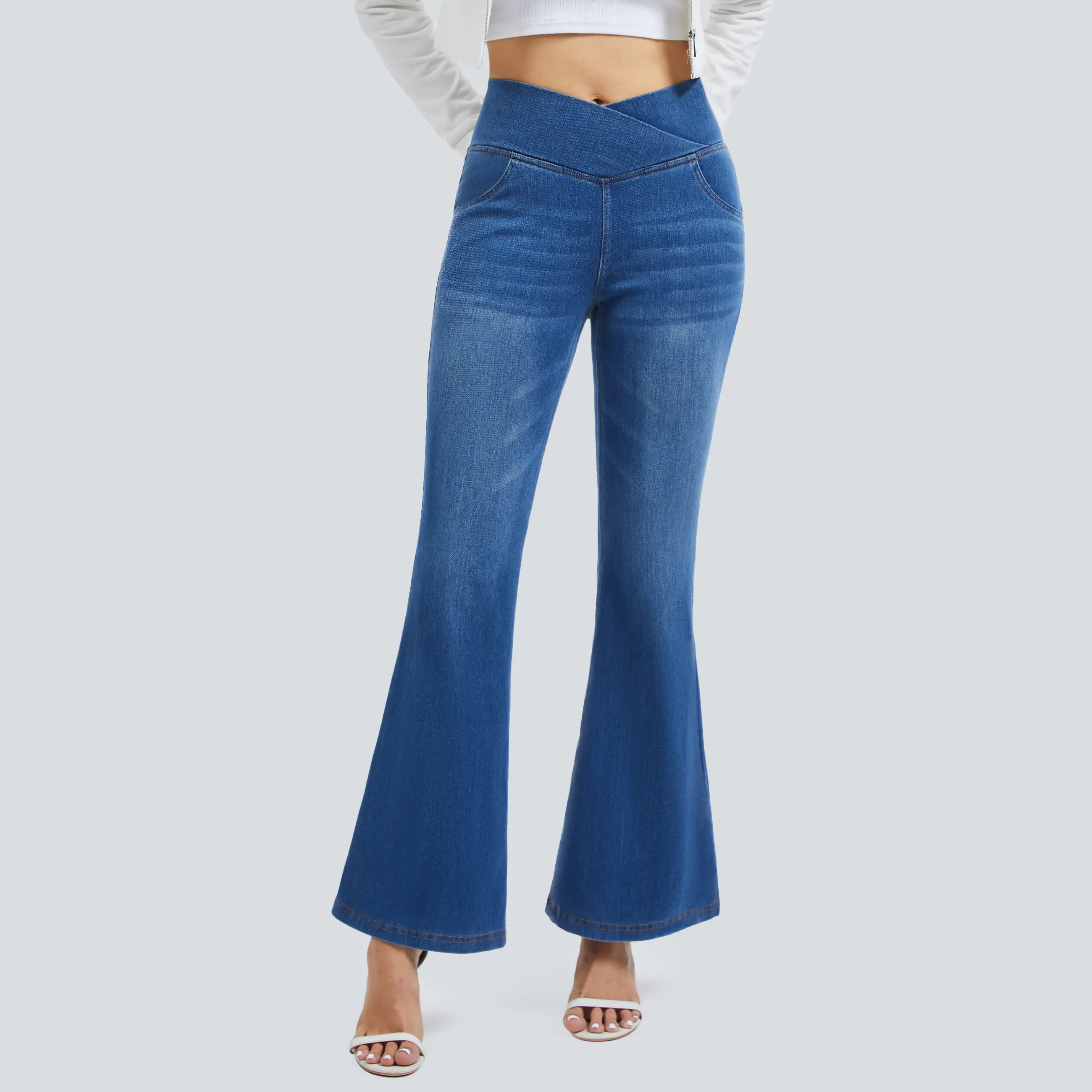 YUCOLEN Women's High Waisted Crossover Flare Denim Jeans - Regular Length, Stretchy Cotton Smooth Fabric, Tummy Control, Hip Lifting, 4 Pockets, Pull On Casual Bell Bottom Shapewear for Fall Outdoor Fun, Soft, Kick Flare Jeans, Knit, Fitted, Breathable
