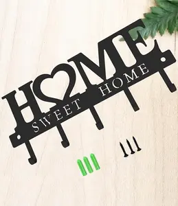 Wall Mounted Key Holder Organizer with 5 Hooks, 10" Metal Key Rack for Wall Organization, Space-Saving Entryway Organizer for Keys, Coats and Dog Leashes, Home Decor, Black