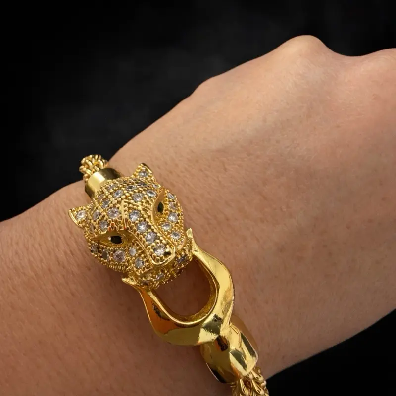 Gold-Filled Panther Head Bracelet with Crystal Details - Elegant Statement Piece for Casual & Dressy Looks - Secure Clasp for Comfortable Daily Wear