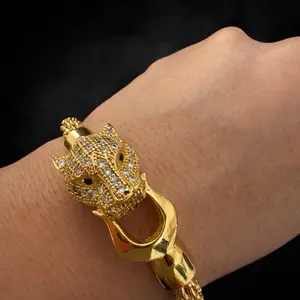 Gold-Tone Panther Head Bracelet with Crystal Details