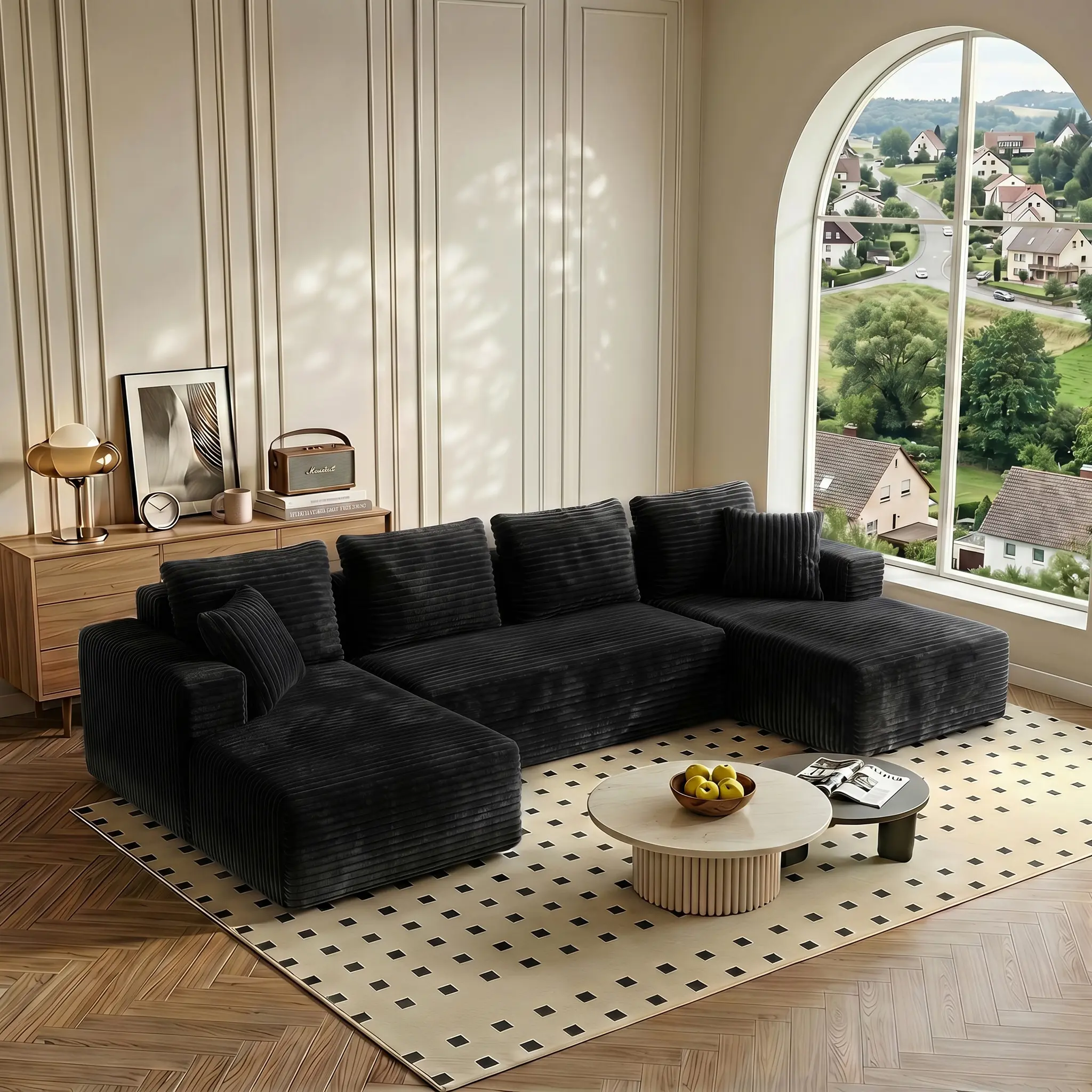 【Deals For You】ModernHub 132" Boneless Memory Foam Sectional Couch, Corduroy Oversized U-Shape Modular Cloud Sleeper Sofa, Deep-Seat Living Room Furniture, No Assembly Required, Black, Boneless Sectional Couch