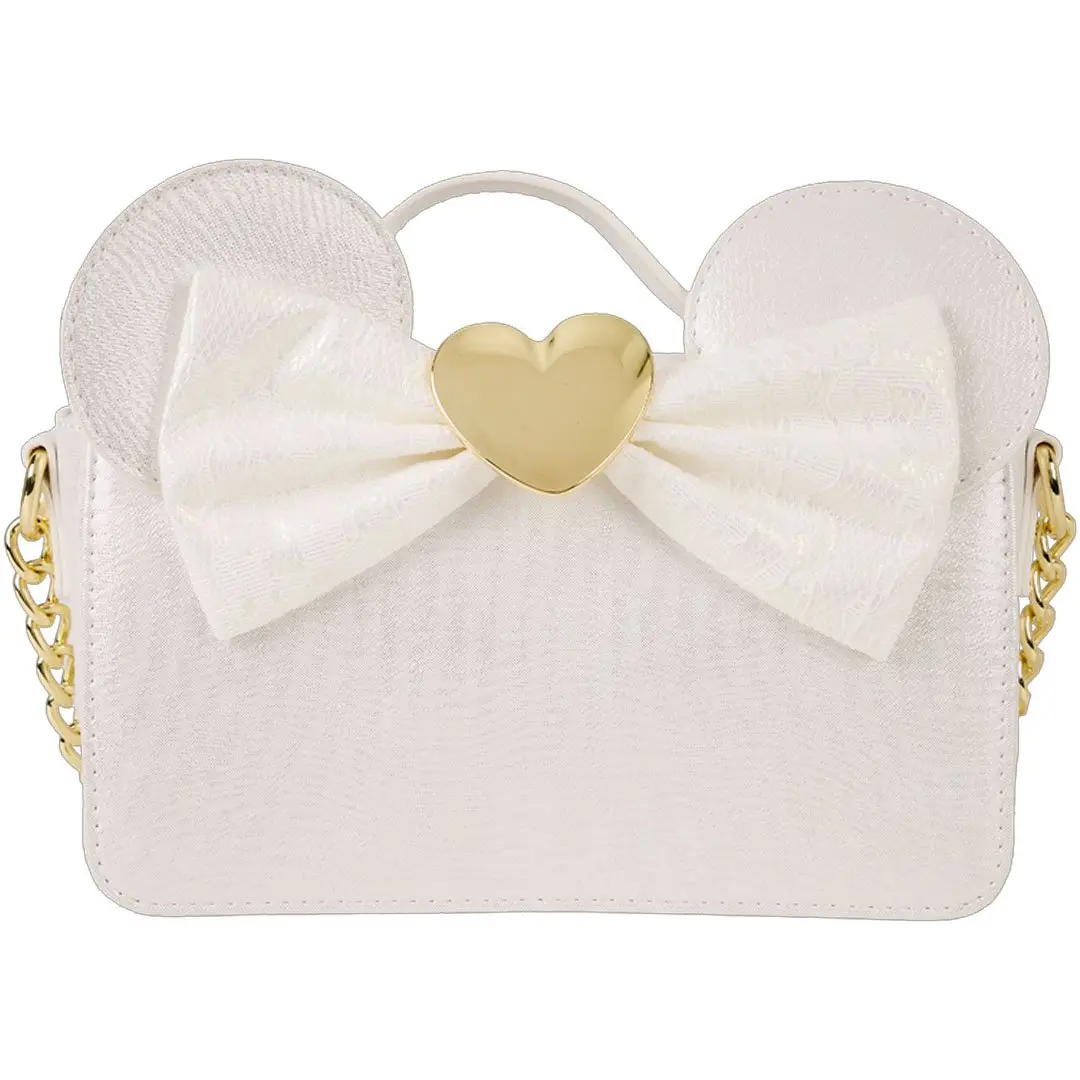 Loungefly Disney Minnie Mouse Iridescent Lace Wedding Crossbody Bag - Graphic, Adjustable, 3D Bow, Zip Closure Embellished Shoulder Clutch Purse, Crossbody Clutch Purse, Embellished Shoulder Bag, Faux Leather, Bow Accent, Casual, Basic, Lightweight, Messe