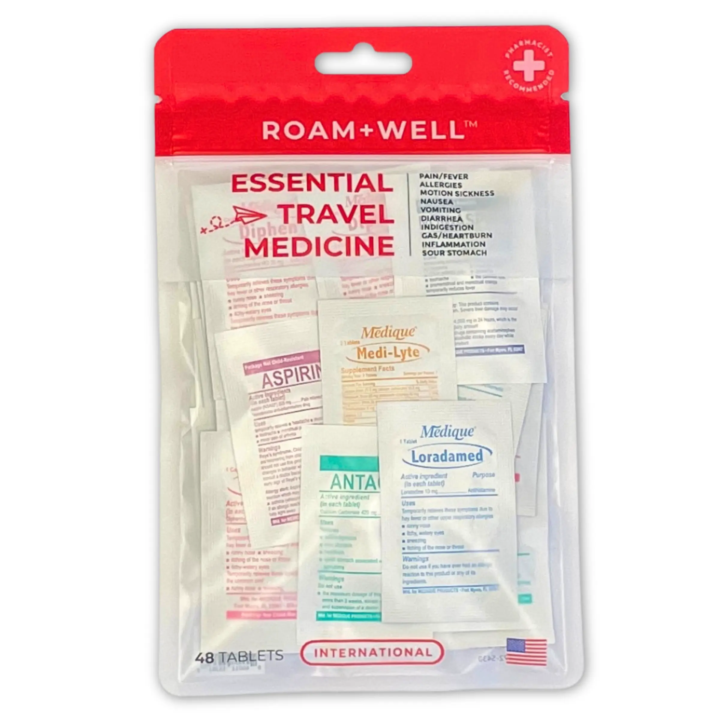 Roamwell International Essential Travel Medicine Kit - 48 Tablets for Pain Relief, Allergy Management, and Hydration - Trusted by Travelers for Global Adventures
