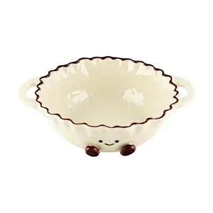 Kawashima 7 Inch Cocoa Bean Ceramic Bowl - Wavy Double Ear Soup Bowl for Home Kitchen Dining