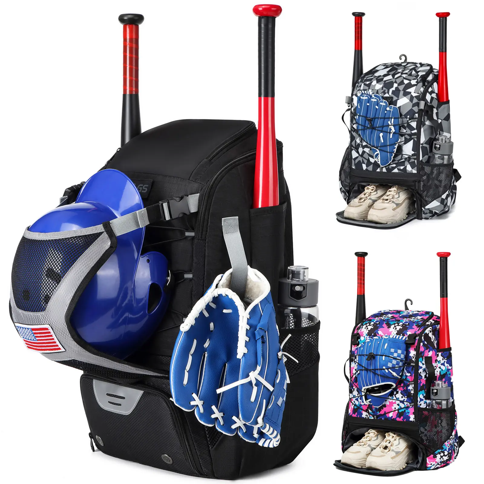Youth & Adult Baseball Softball Gear Backpack - Lightweight Nylon Fabric Bag with Fence Hook, Zippered Large Main Compartment for Helmet & T-Ball Training Equipment, Separate Shoe Pocket