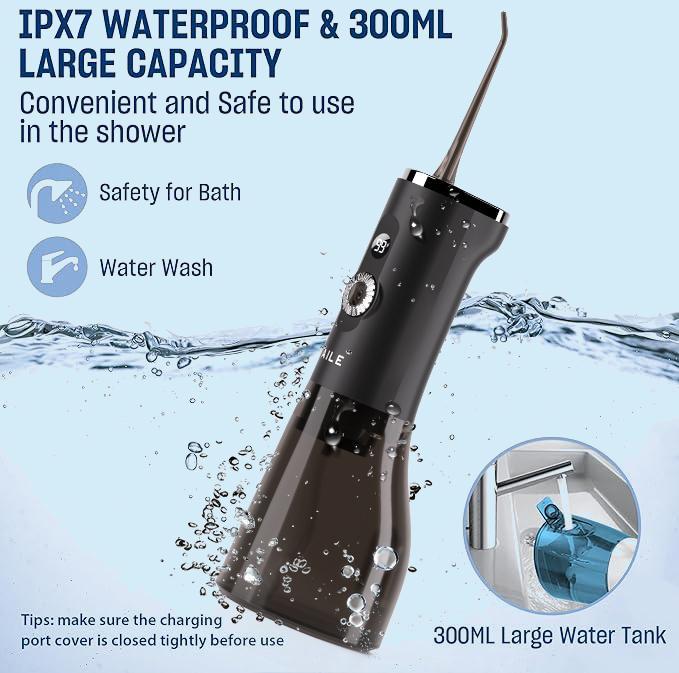 AILE Water Flosser,100 Modes for Teeth,Powerful and Rechargeable Oral Irrigator,LED Display,300ML Tank,IPX7 WP,Cordless Portable,Brace Care,Gift