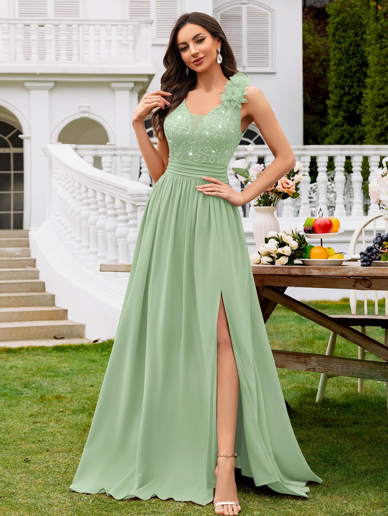 MIUSOL 24451A Women's Elegant Deep V-Neck Sequin Lace Chiffon Maxi Dress Mint Green Sleeveless Ruched Split Thigh Formal Evening Ball Gown for Wedding Guest Prom Graduation Bridesmaid Bridal Cocktail Party Events