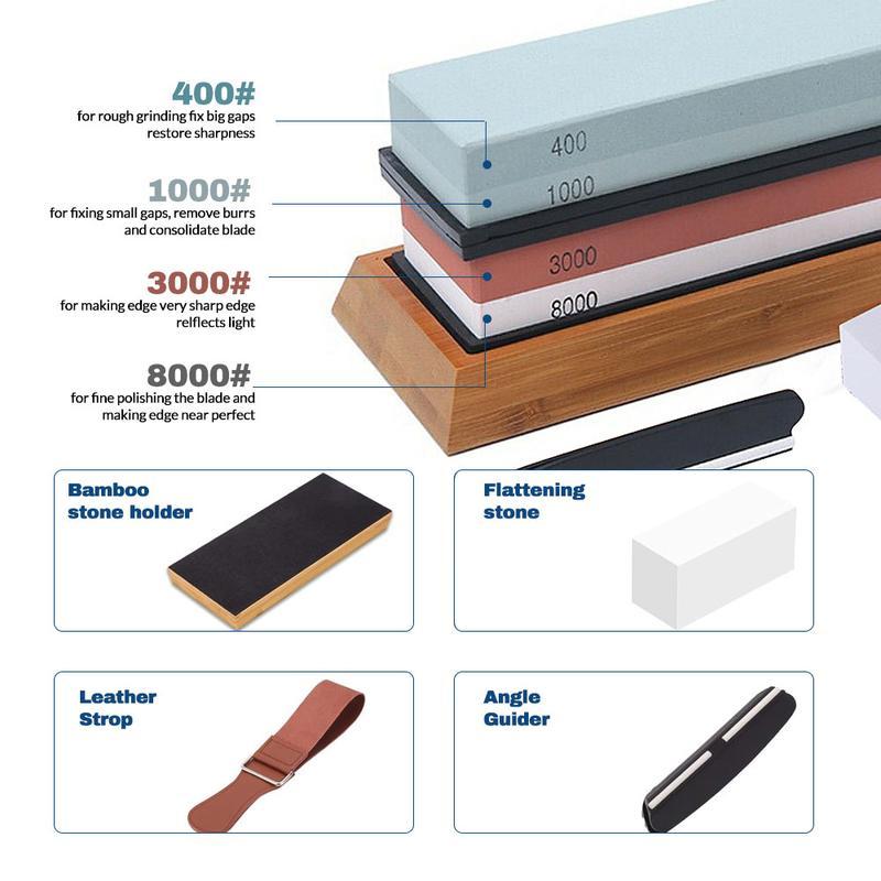 【Black Friday】Knife Sharpening Stone Set, Whetstone，Knife Sharpener Stone Set 4 Side Grit 400/1000 3000/8000, Professional Include Non-Slip Bamboo Base, Leather Strop, Flattening Stone & Angle Guide kitchen sharpener angle guide