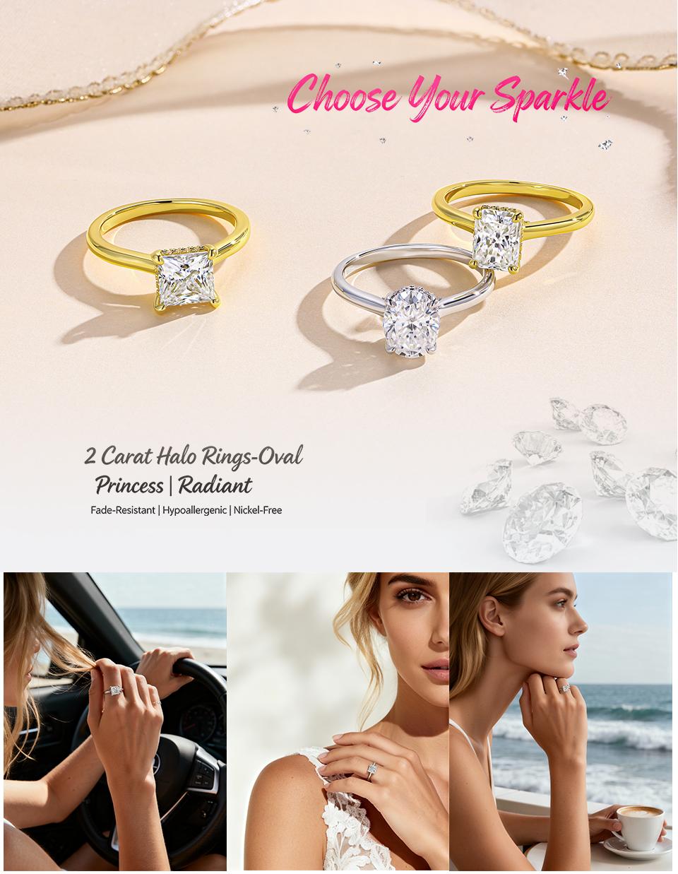 CICI GEMS 2CT Princess Cut Moissanite Hidden Halo Ring for Women D VVS1 Stackable 18K Gold Plated Lab-Created Hypoallergenic Wedding Engagement Anniversary Gift Fine Jewelry