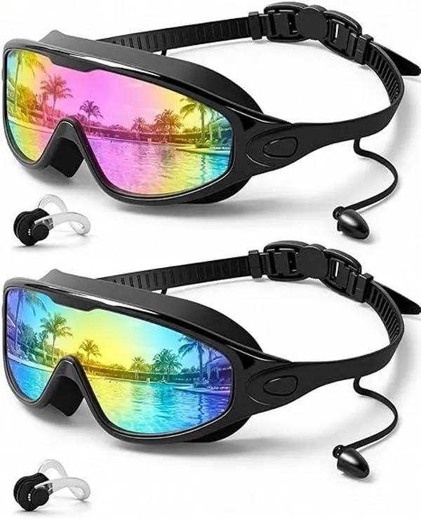 Adults' 2-Pack Anti-Fog Leak-Proof Wide View Swimming Goggles with Ear Plugs, Nose Clip Adults' 2-Pack Anti-Fog Leak-Proof Wide View Swimming Goggles with Ear Plugs, Nose Clip
