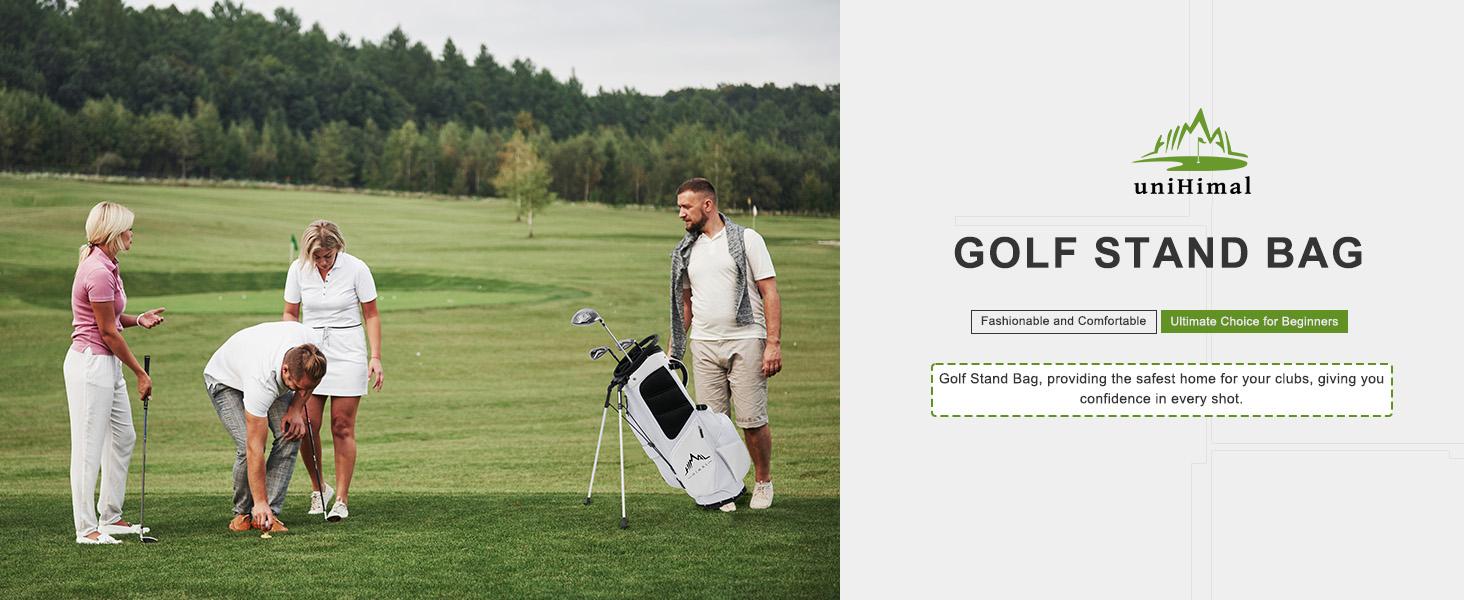 UNIHIMAl Lightweight Golf Stand Bag with 5 Way Full-Length Dividers, Semi-Concealed Stand, Folding Base, Adjustable Dual Straps and 8 Pockets White