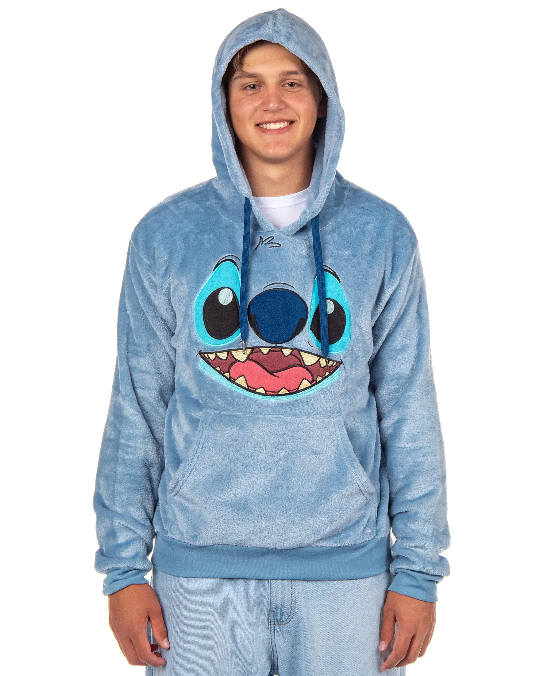 Men's Disney Stitch Big Face Hoodie - Crushed Velvet Fleece, Smooth Plush Fabric Menswear Tops Adult Sweatshirt, Oversized, Graphic, Relaxed Fit, Soft
