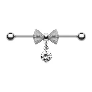 Bow with Dangling CZ Crystal Gem Industrial Barbell - 316L Stainless Steel