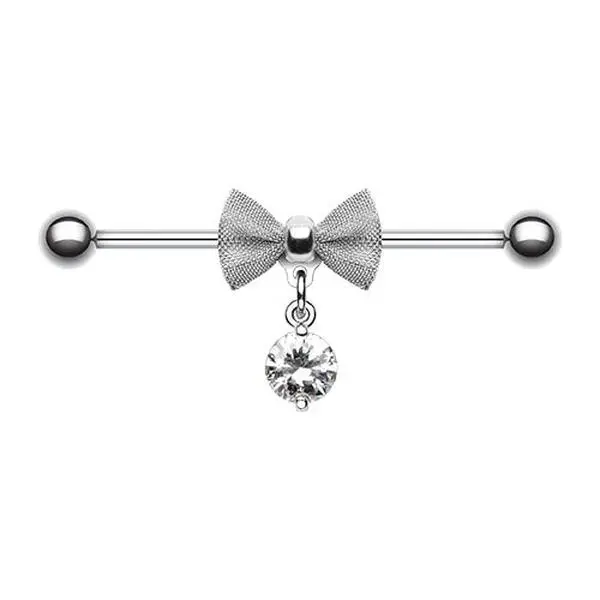 Bow with Dangling CZ Crystal Gem Industrial Barbell - 316L Stainless Steel