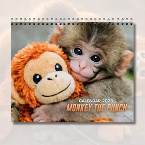 2026 Calendar Monkey The Punch Graphic Wall Calendar, Baby Monkey Holding Plush Toy Desktop Calendar, Animal Lover Gift Home Decor Cute Trendy Calendar