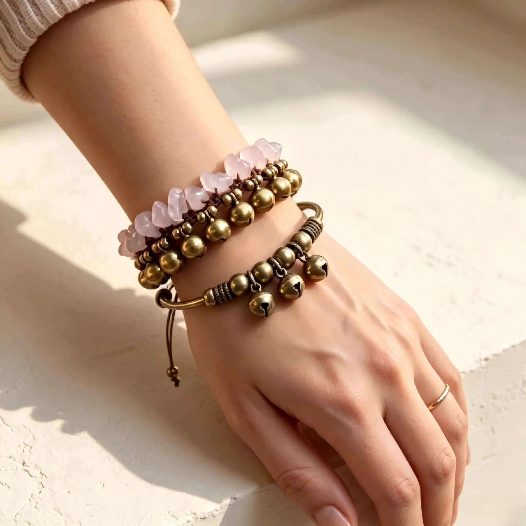 2pcs Energy Cleansing Retro Brass Bell Stack Bracelets, Relaxing Healing Chime Sound Release All Worries, Vintage Brass Metal Bell Jewelry Bring Peace To Your Soul