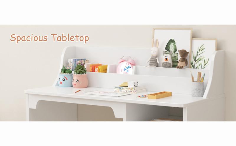 【GARVEE】Study Desk and Chair Set with Hutch and Storage Cabinet, Wooden Table for Students Aged 3-12, Ideal for Bedroom and Study Room, Functional Writing Desk and Computer Workstation