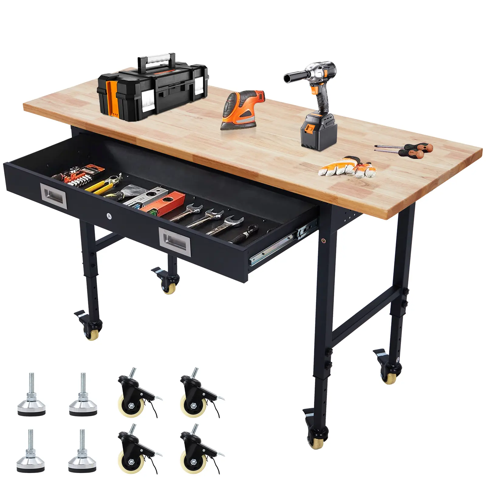 Garvee Upgraded-Adjustable Heavy Duty Workbench - 60" Rubber Wood Top, 2200 lbs Capacity, Integrated Power Outlets, Ample Drawer Storage, Rolling Wheels, Professional Work Table for Garage, Workshop, Home, Office