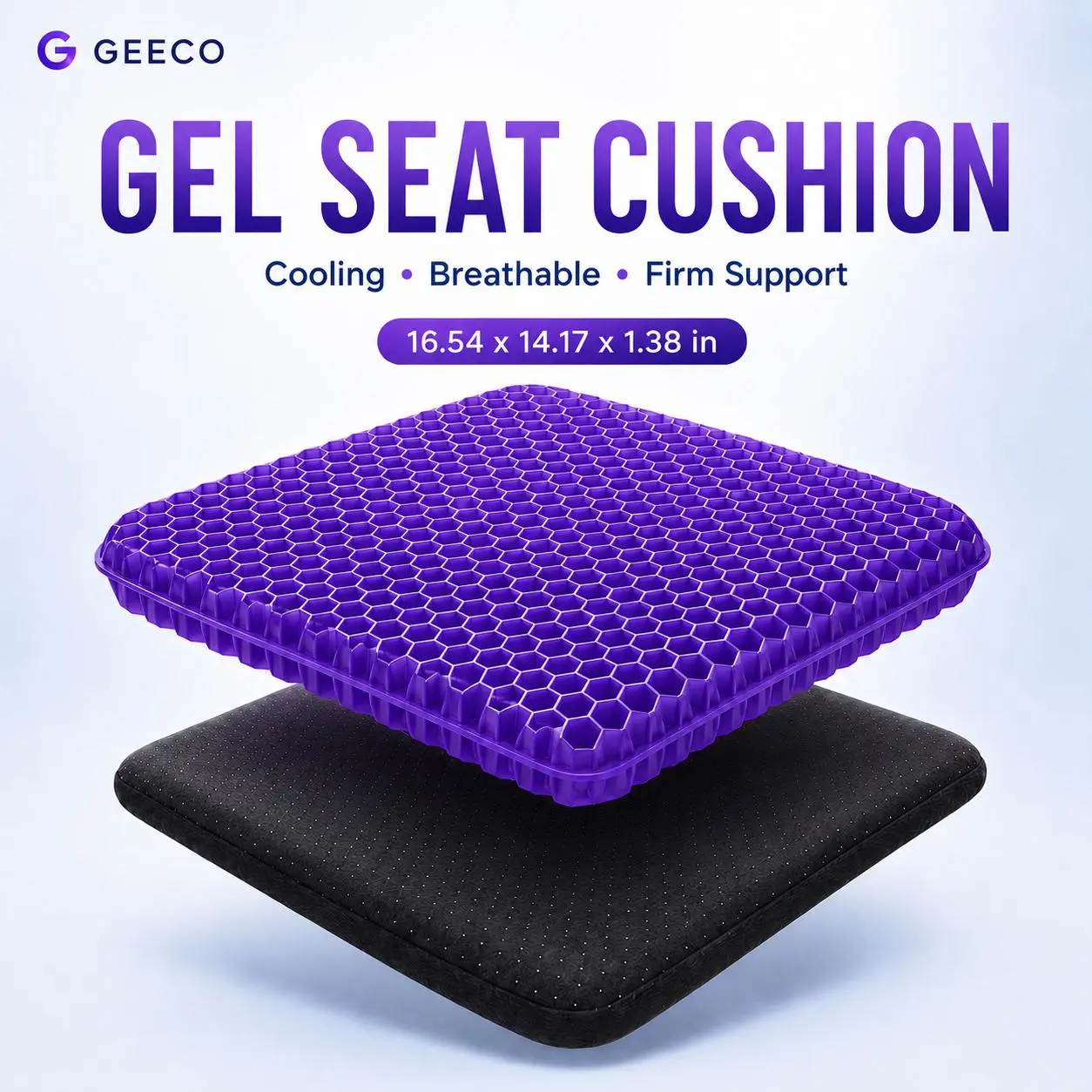 GEECO  Gel Seat Cushion, Firm Honeycomb Cooling Seat Pad with Non-Slip Cover, 16.54 x 14.17 x 1.38 in, Washable Cushion for Office Chair, Car Seat, Home & Summer Sitting Comfort
