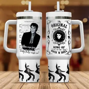 Elvis Presley 40oz Insulated Tumbler With Handle, Gift For Fan The King of Rock and Roll, Retro Rock Music Tumbler, Vintage Psychedelic Music Fan Cup, Rock Legend Artwork Stainless Steel Tumbler, Musician Fan Drinkware