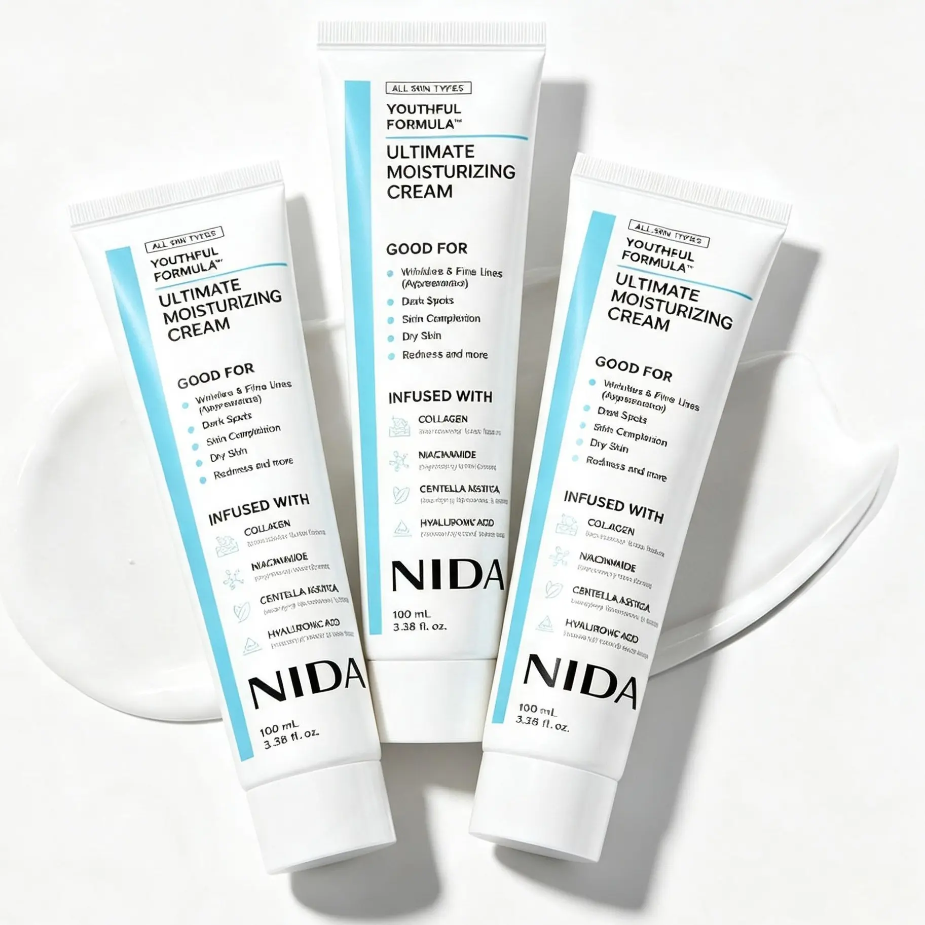 3PCS NIDA Youthful Formula Ultimate Moisturizing Cream (100mL) / Collagen, Niacinamide, Centella Asiatica, Hyaluronic Acid / Wrinkles, Dark Spots, Skincare Hydrating Daily Moisturizer Moisture Hydrate