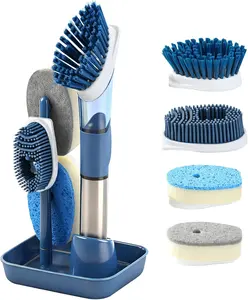 Soap Dispensing Scrub Brush - 4-in-1 Kitchen Cleaning Brush with Built-in Tank Scraper Heads for Stubborn Grime on Pots Pans Stand Hang Storage Glass Hand