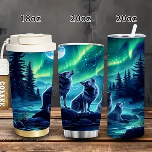 1pc 18oz/20oz Mystical Night Wolves Tumbler with Lid and straw, Winter Insulated Travel Mug, Gift for Women Men, Ideal for Valentine's Day, Birthday Gift, Coffee Cup for Office