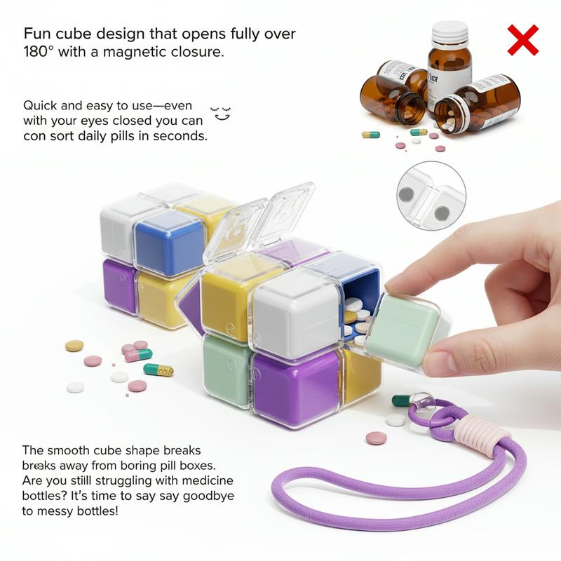 Weekly Pill Organizer 7 Day Travel Pill Case with Magnetic Closure Easy Open Portable Pill Box with 8 Compartments for Vitamins Medication Multicolor