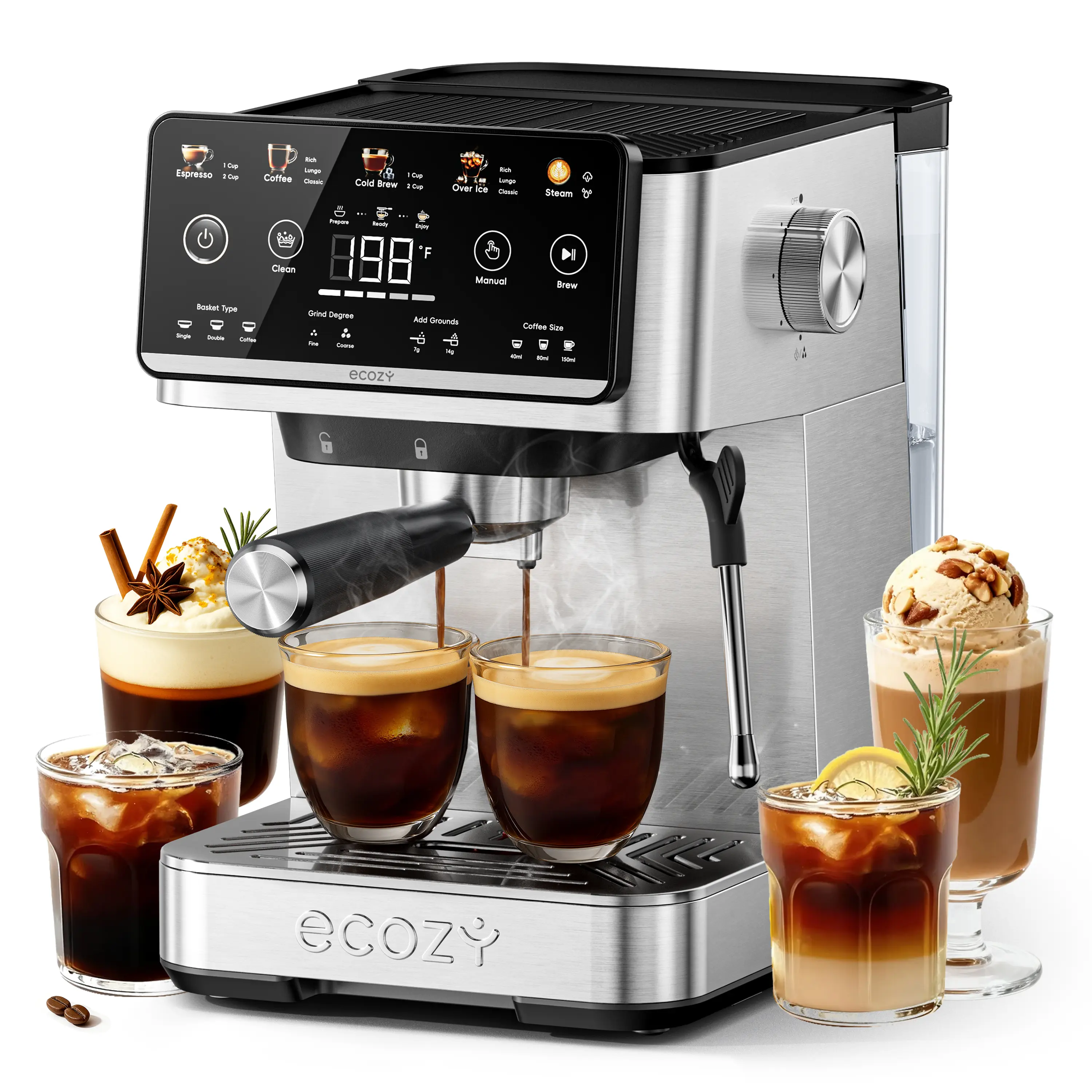 ecozy 4-in-1 Espresso Machine, Drip Coffee, Cold Brew, Over lce Coffee Machine, Hot Water, Touch Screen, Milk Frother Steam Wand, Stainless Steel, Coffee Maker for Cappuccino, Latte, Americano, Father's Day Gift