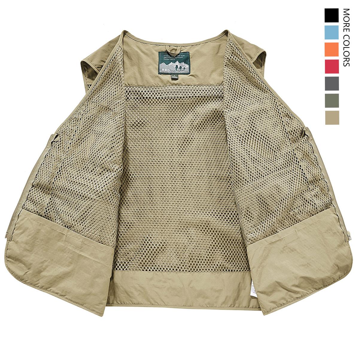 Men's Solid Color Lightweight All-Season Deep Cargo Vest Jacket with Multi-Pocket Outdoor Workwear for Fishing, Safari, Travel & Zippered Door Panels - Machine Washable (Vest & Jacket can be worn separately or together)