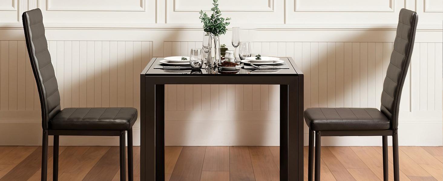 Gizoon 3 Piece Glass Dining Table Set, Kitchen and Chairs for 2, PU Leather Modern Room Sets for Home, Kitchen, Living Room