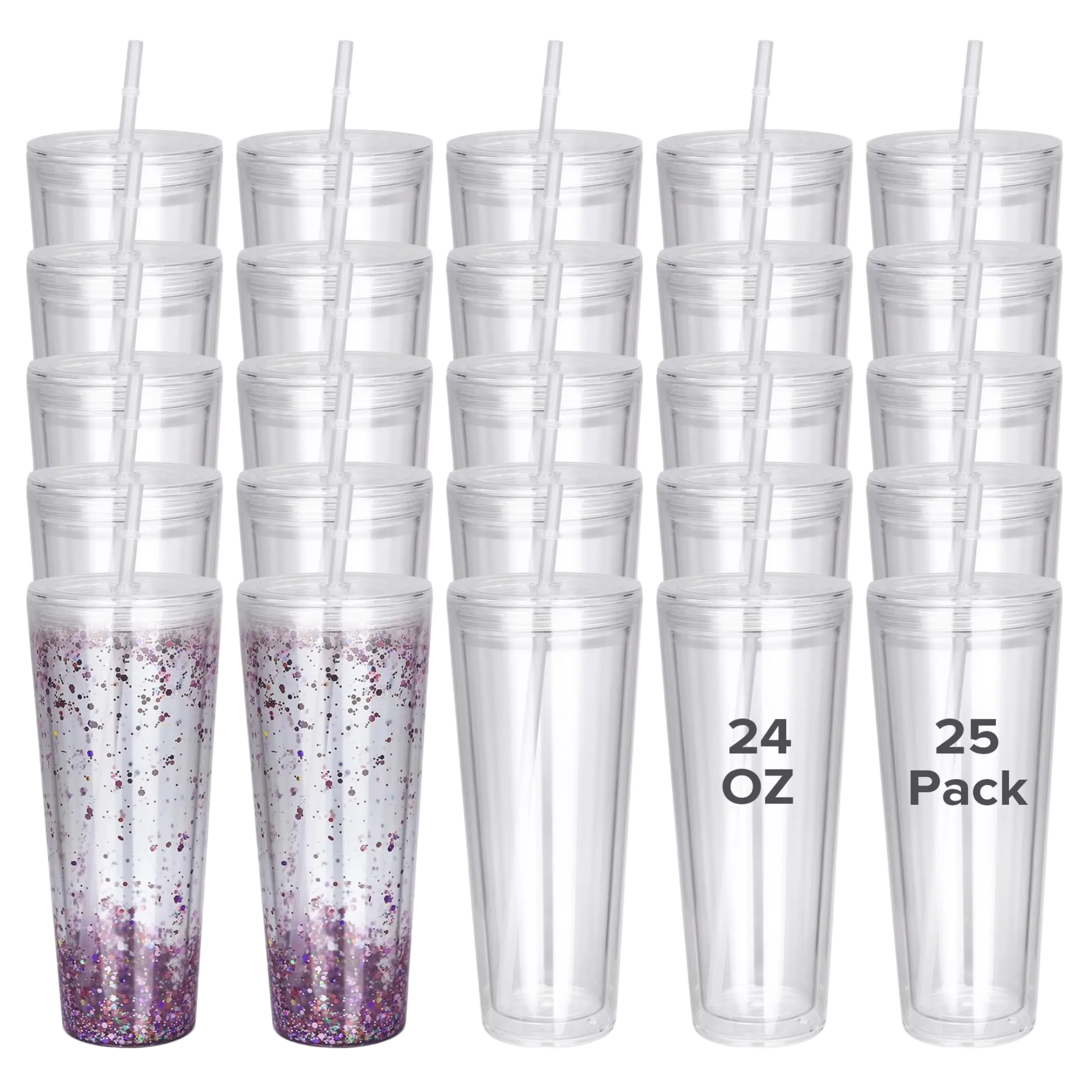 FASTSUB 24 oz Reusable Sublimation Snow Globe Acrylic Traveler Tumbler (25 Pieces) - BPA & Lead Free Plastic Drink Tumbler, Double Wall Insulated Kitchenware, Sequin Customizable Gift-Box Ready Bottle for DIY UV DTF Projects