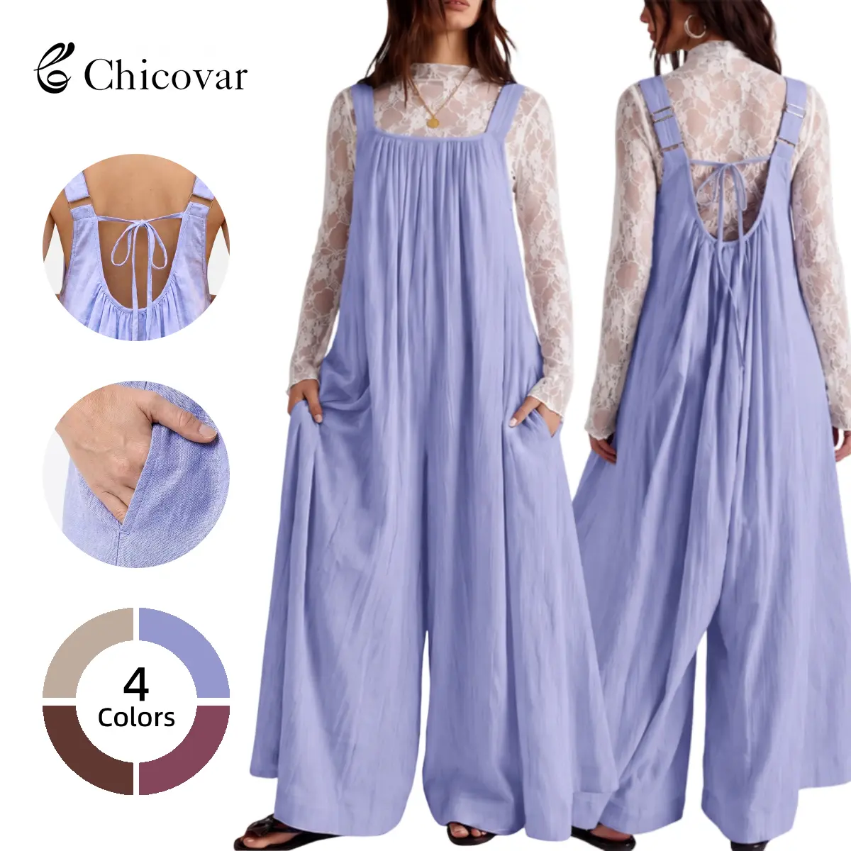Chicovar Women's Loose Wide Leg Jumpsuit, Sleeveless Backless Romper with Pockets, Adjustable Straps, Back Tie, Loose Fit, Casual Vacation Music Festivals Boho Travel Outfit Overalls Overalls,Summervibe,Sohochic