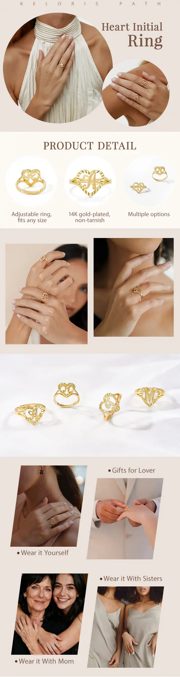 KissYan Women's 14K Gold Initial Letter Ring - Exquisite Heart Design, Adjustable, Non-Tarnish, 14K Gold-Plated, Unisex Fit, Everyday Wear, Anniversary Gift, Non Tarnish Jewelry
