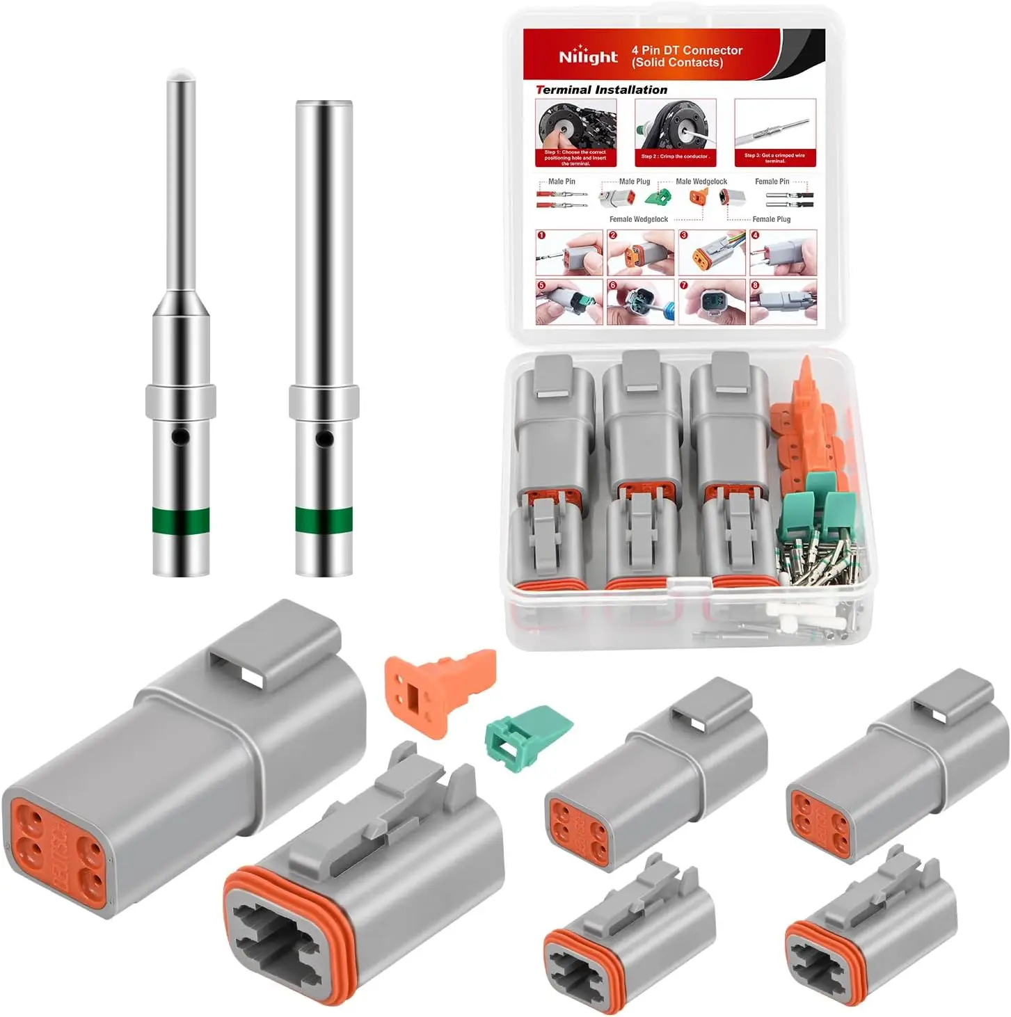 Nilight 4-PIN DT Connector Kit, 3 Sets with Size 16 Solid Contacts, Waterproof Male-Female Terminals for 14-20 AWG Cable to Board, Environmentally Sealed DT Series Connectors (for Car, Truck, Off-Road Vehicles), Environmentally Sealed Connectors