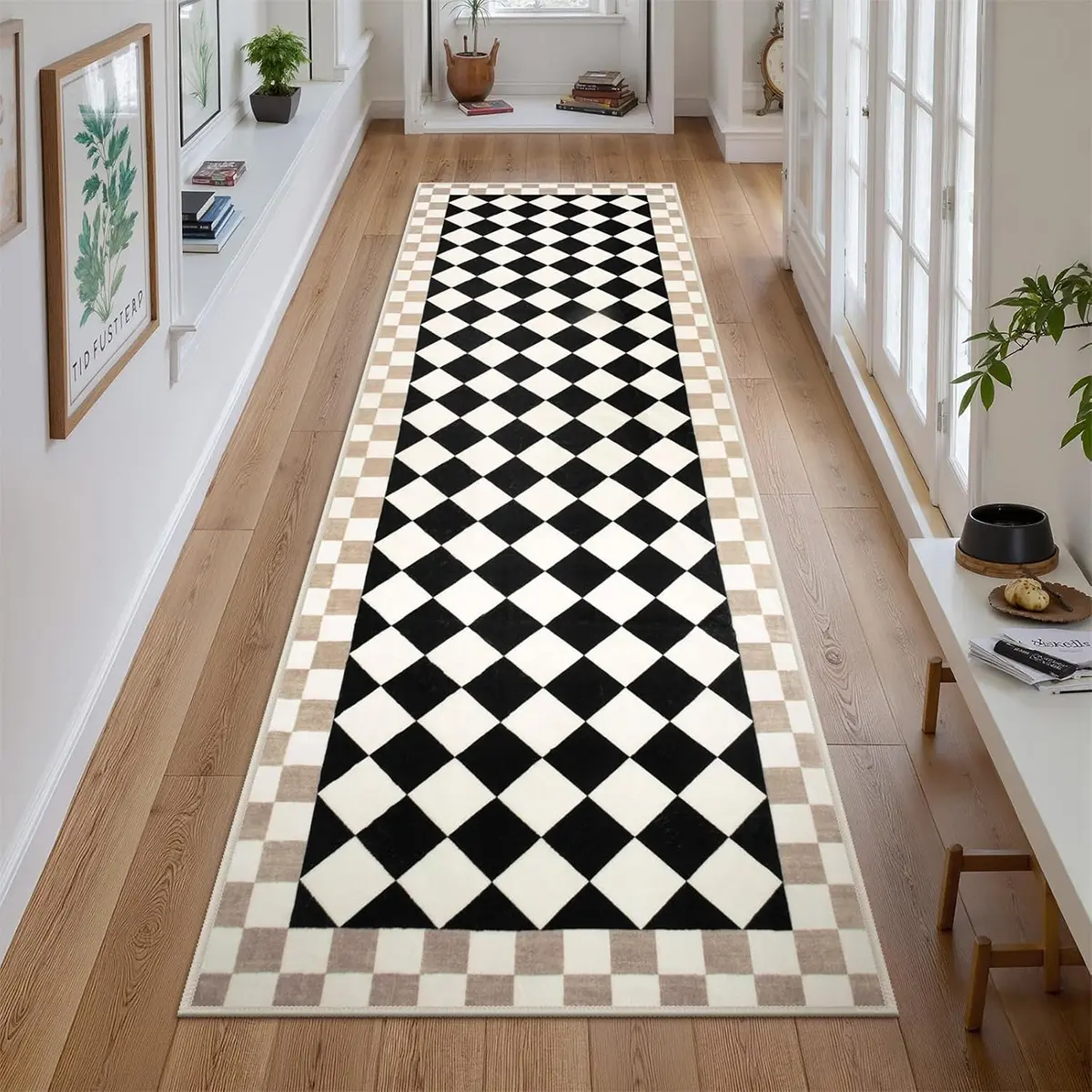 Long aisle carpet, Runner rug, Checkered Rug, non-slip hallway rug, washable Runner Rug for Hallway, kitchen, bathroom, bedroom, living room, Boho Runner Rug, Modern geometric rug, Modern indoor rug, Decorative rug, Machine Washable Rug
