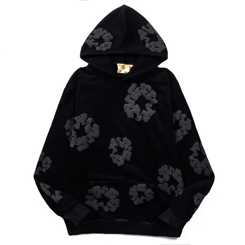 Vintage Floral Denim Hoodie, Unisex Oversized Pullover Sweatshirt with Puff Print for Casual Holiday Streetwear, S, Hooded Dress, Cute, Drawstring