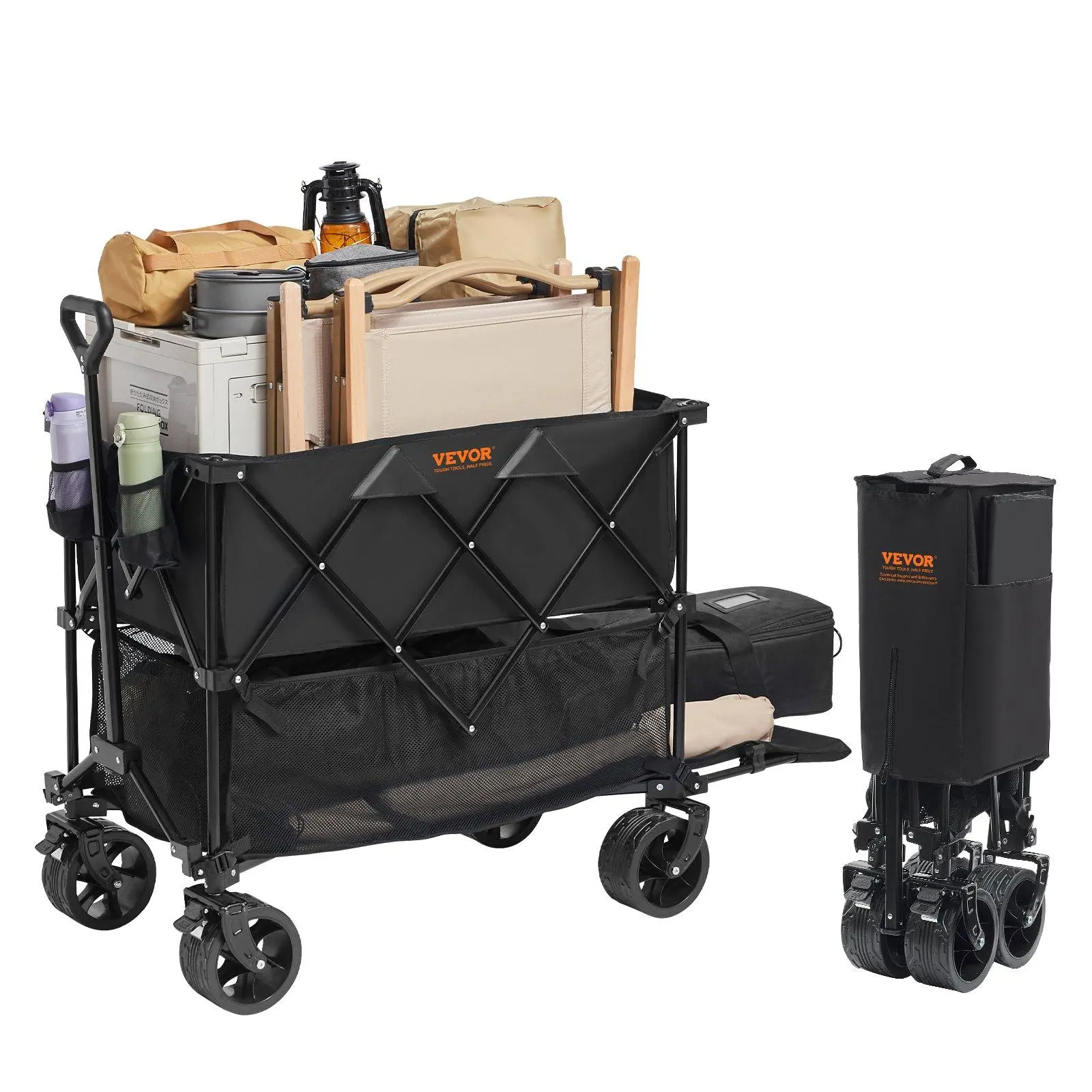 【SummerFinds】VEVOR Foldable Double Decker Wagon, Collapsible Wagon Cart with All-Terrain Wheels, Heavy Duty Folding Wagon Cart  for Camping, Shopping, Garden, 52" Extra Long Extender