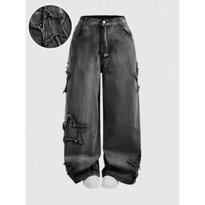 Plus Size Women Frayed Edge Star Pockets Wide Leg Loose Casual Jeans