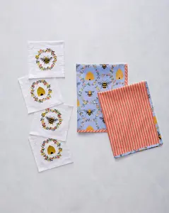 Sweet Bee - Tea Towels & Cocktail Napkins Bundle - Soft Blue