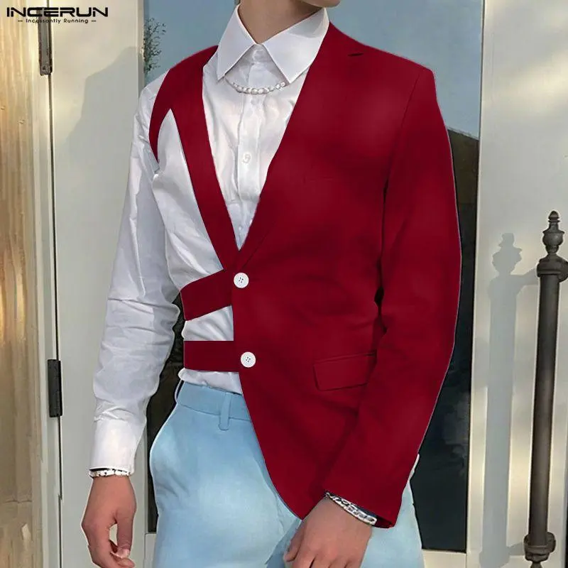 INCERUN Men's Avant-Garde Blazer, Asymmetrical Deconstructed Patchwork Jacket with Double-Button Closure and Structured Fit for Nightclub, Menswear, Fashion Apparel, Blazer Vest