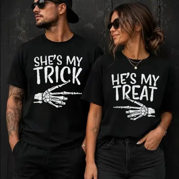 Shes My Trick Hes My Treat Shirts Halloween Couples Matching T-Shirts Skeleton Hand Pointing Graphic Tee Spooky Couple Costumes Black Tee