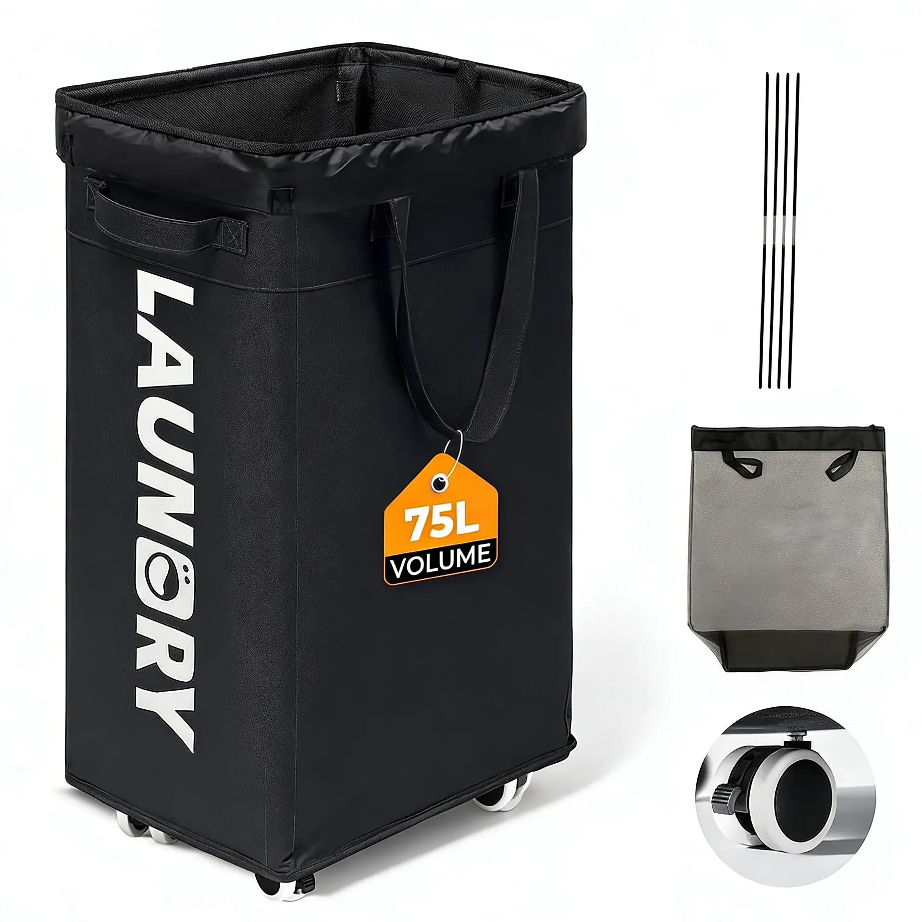 75L Portable Rolling Laundry Basket with Wheels - 600D Oxford Fabric, Smooth Metal Rolling Base, Lockable Wheels, Foldable Single Compartment, Removable Washable Mesh Bag, 15.7x11.8x24.8" Wipeable Storage Hamper for Bedroom Everyday Use
