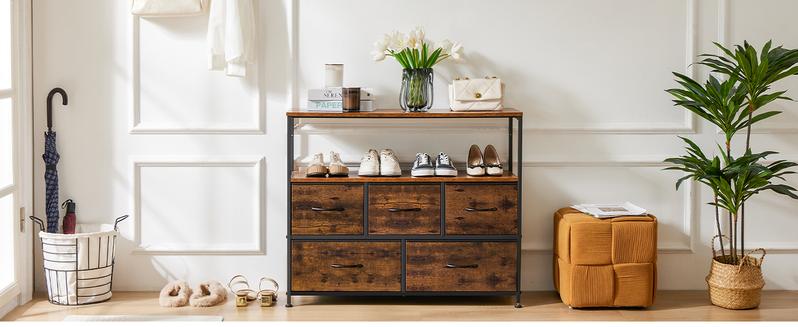 Dresser TV Stand, Entertainment Center with 5 Fabric Drawers, Media Console Table for TV with Open Storage Shelf Dresser