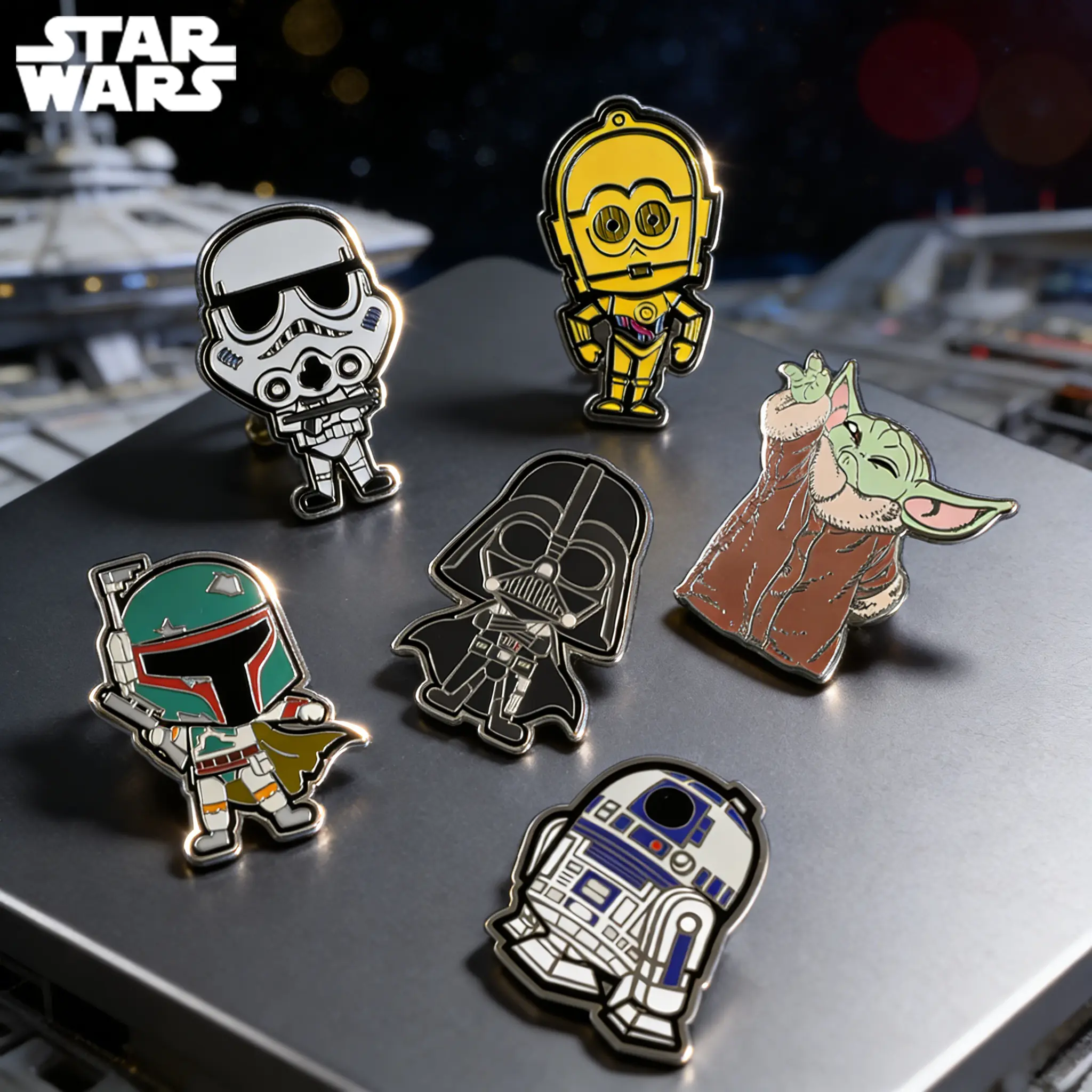 6PCS Star Wars Pin Officially Licensed Q-version Cute Robot Collectible Darth Vader Imperial Stormtrooper C-3PO R2-D2 Boba Fett Grogu Anime Brooch Backpack Decoration Jacket Lapel Anti-Rust Exquisite Alloy Enamel Gift